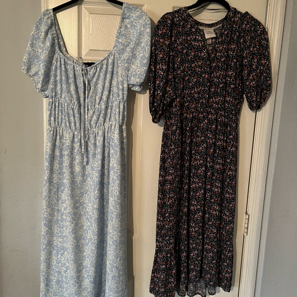 2 Dresses-One Price Black Floral Prairie Dress w/ Puff Sleeves & Blue Scoop Neck